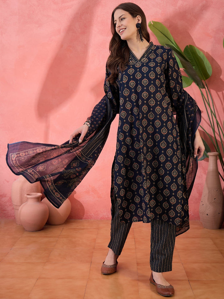 Navy Blue ethnic motifs Printed Cotton Kurta Set for Women Kurta set Rangdeep-Fashions 