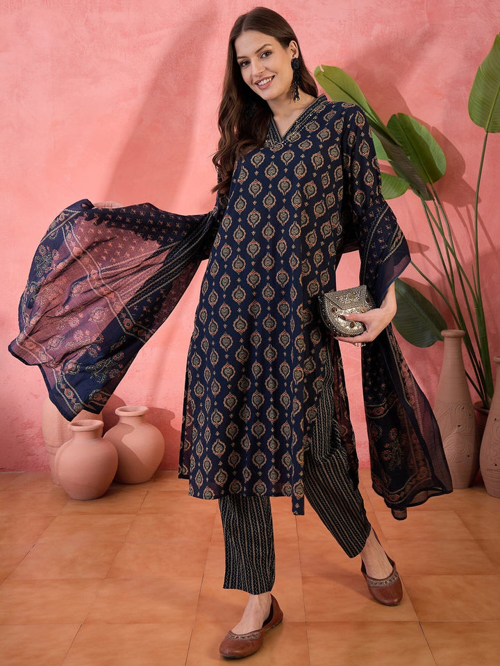 Navy Blue ethnic motifs Printed Cotton Kurta Set for Women Kurta set Rangdeep-Fashions 