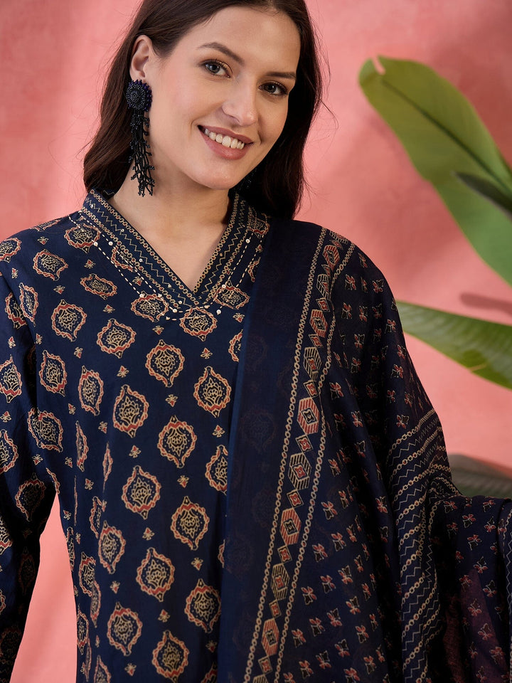 Navy Blue ethnic motifs Printed Cotton Kurta Set for Women Kurta set Rangdeep-Fashions 