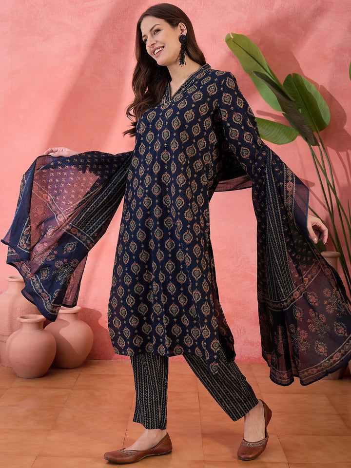 Navy Blue ethnic motifs Printed Cotton Kurta Set for Women Kurta set Rangdeep-Fashions 