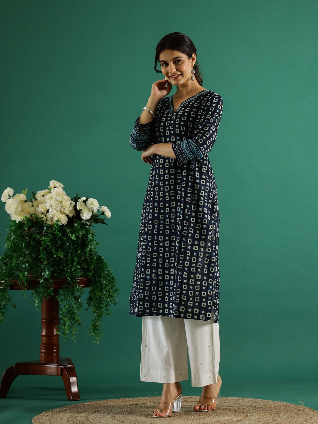 Navy Blue V-Neck Cotton Printed Kurta Kurti SANSKRUTI HOMES 