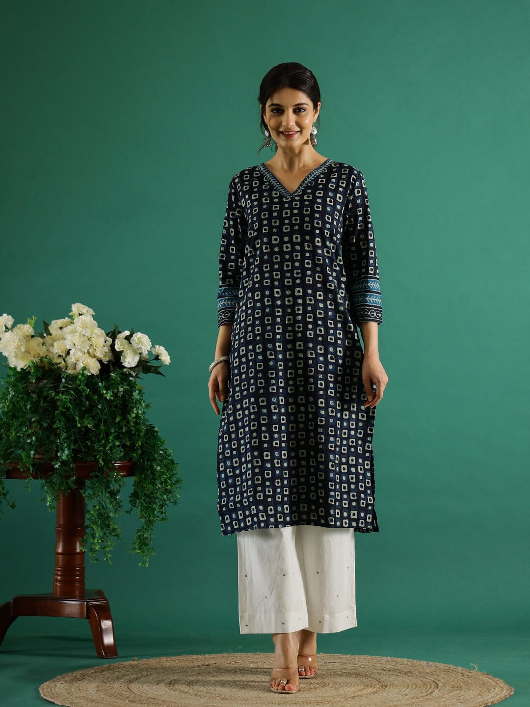 Navy Blue V-Neck Cotton Printed Kurta Kurti SANSKRUTI HOMES 