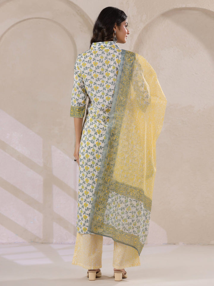 Off White Cotton Kurta Set with Yellow Flower Printed With Dupatta Kurta set Rangdeep-Fashions 