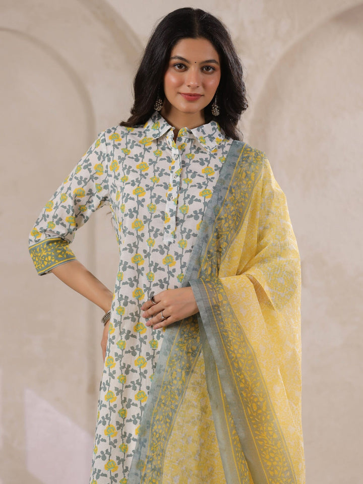 Off White Cotton Kurta Set with Yellow Flower Printed With Dupatta Kurta set Rangdeep-Fashions 