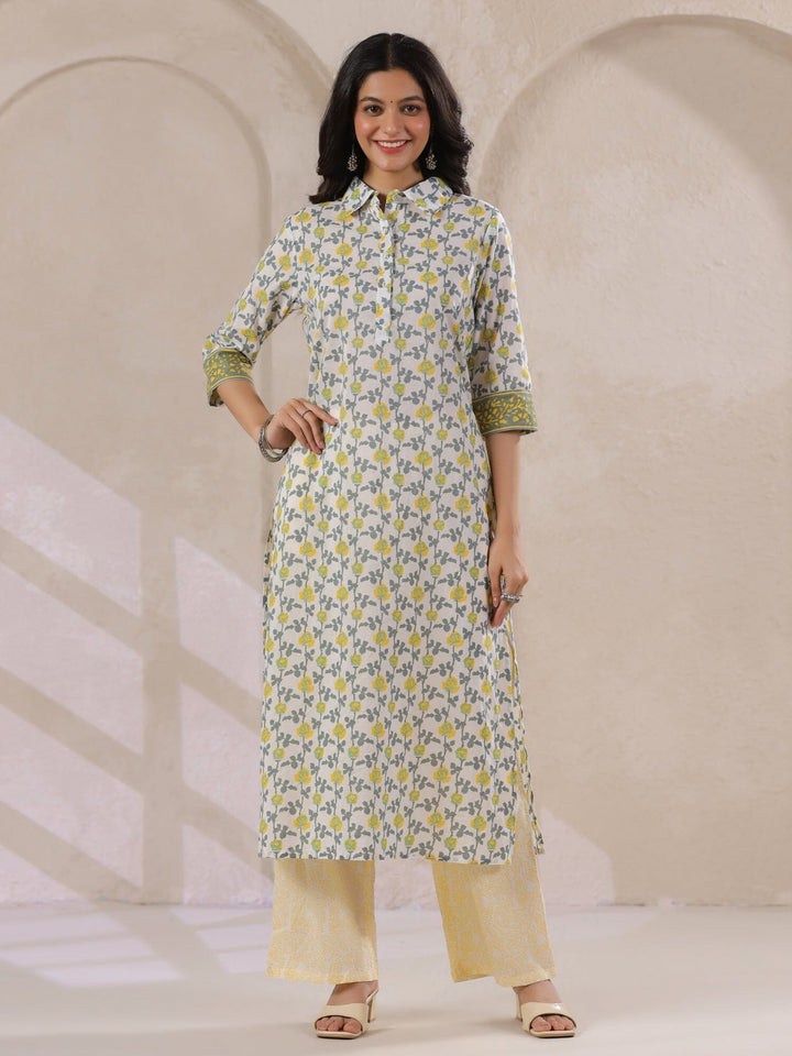 Off White Cotton Kurta Set with Yellow Flower Printed With Dupatta Kurta set Rangdeep-Fashions 