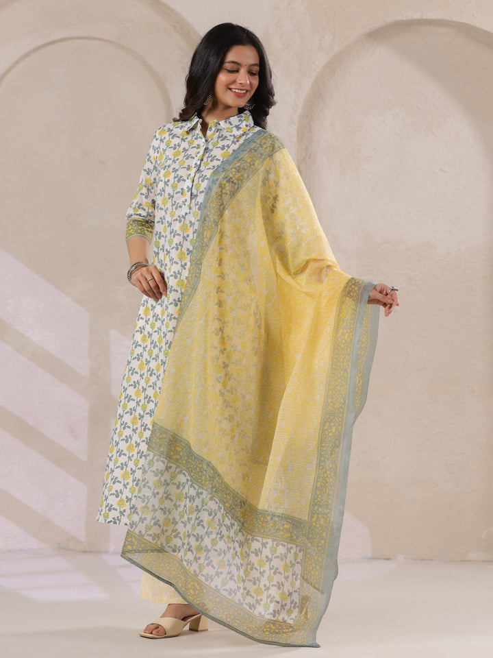 Off White Cotton Kurta Set with Yellow Flower Printed With Dupatta Kurta set Rangdeep-Fashions 