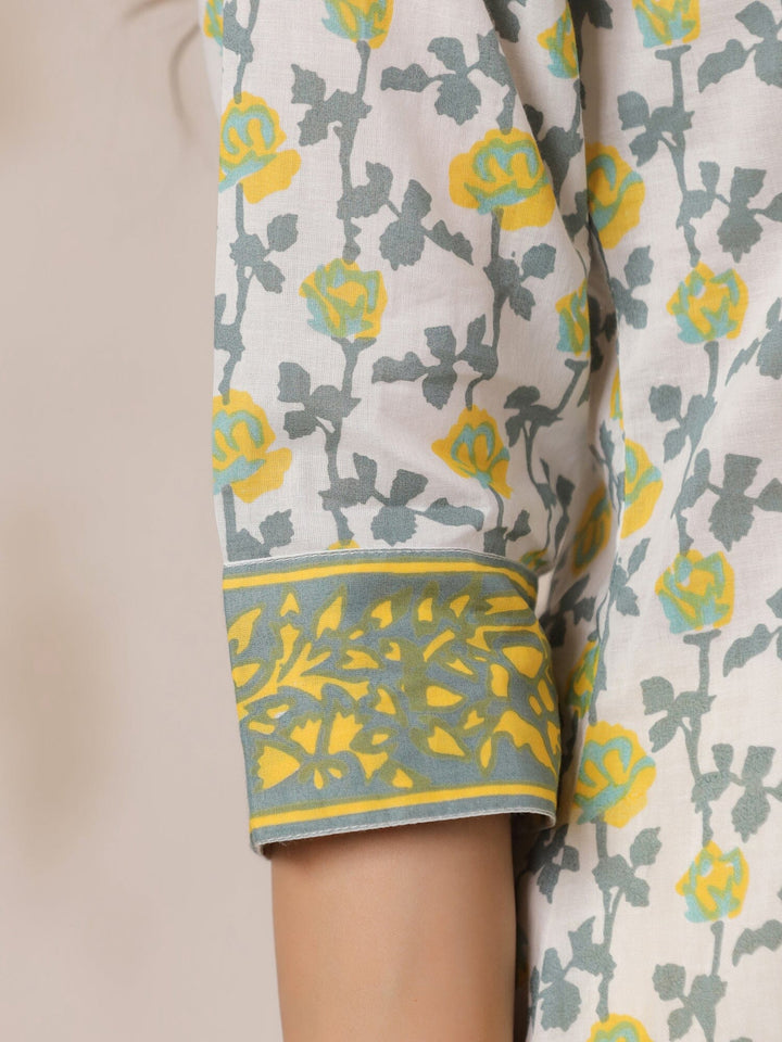 Off White Cotton Kurta Set with Yellow Flower Printed With Dupatta Kurta set Rangdeep-Fashions 