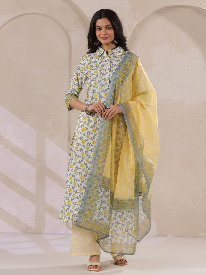 Off White Cotton Kurta Set with Yellow Flower Printed With Dupatta Kurta set Rangdeep-Fashions 