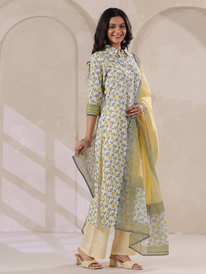 Off White Cotton Kurta Set with Yellow Flower Printed With Dupatta Kurta set Rangdeep-Fashions 