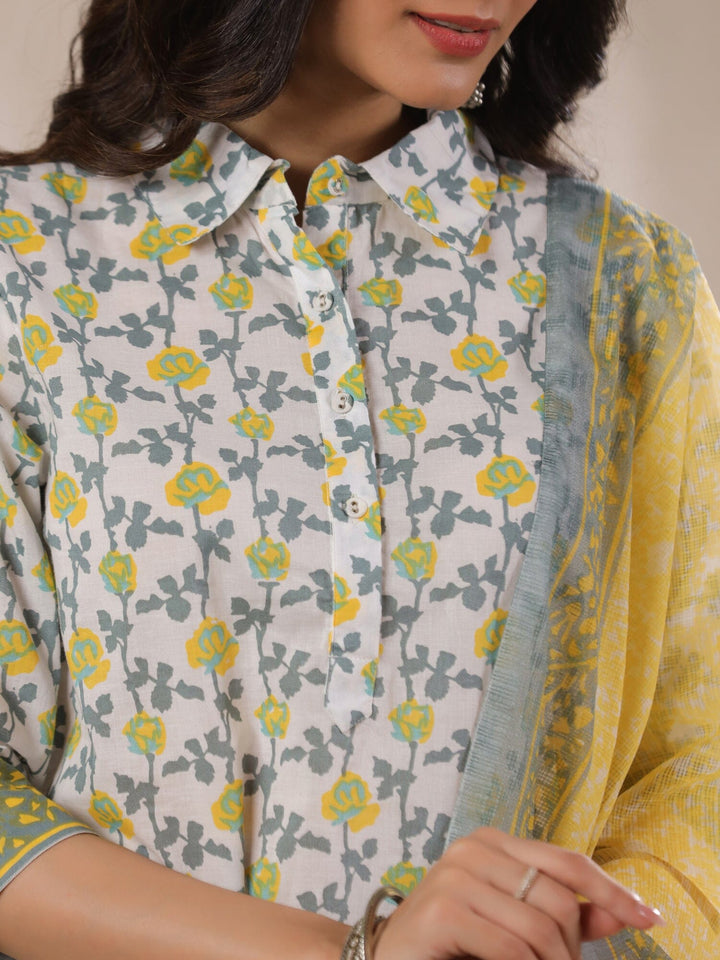 Off White Cotton Kurta Set with Yellow Flower Printed With Dupatta Kurta set Rangdeep-Fashions 