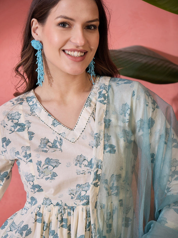Off White Floral Printed Kurta Set for Women Kurta set Rangdeep-Fashions 