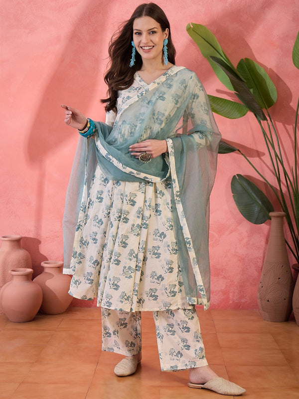 Off White Floral Printed Kurta Set for Women Kurta set Rangdeep-Fashions 