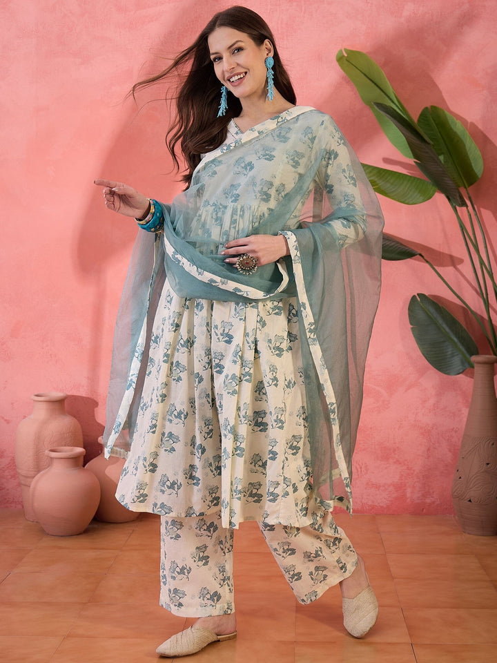 Off White Floral Printed Kurta Set for Women Kurta set Rangdeep-Fashions 