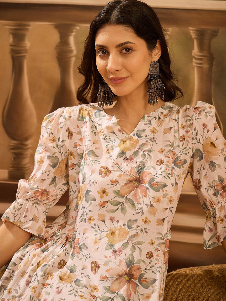 Off White Floral Printed Silk Blend Dress for Women Rangdeep 