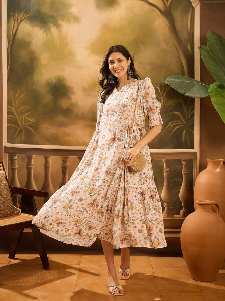 Off White Floral Printed Silk Blend Dress for Women Rangdeep 