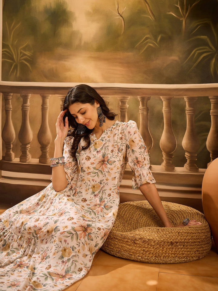Off White Floral Printed Silk Blend Dress for Women Rangdeep 
