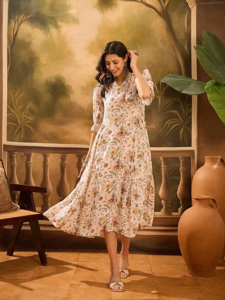 Off White Floral Printed Silk Blend Dress for Women Rangdeep 