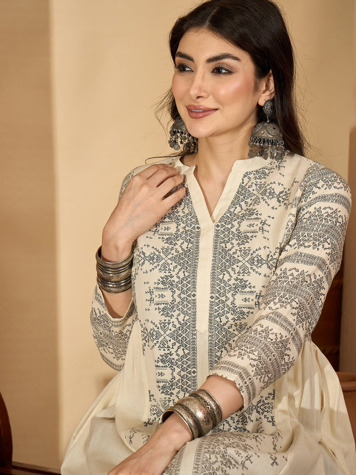 Off White Printed Mandarin Collar Pure Cotton Kurta Set for Women Kurta set Rangdeep-Fashions 