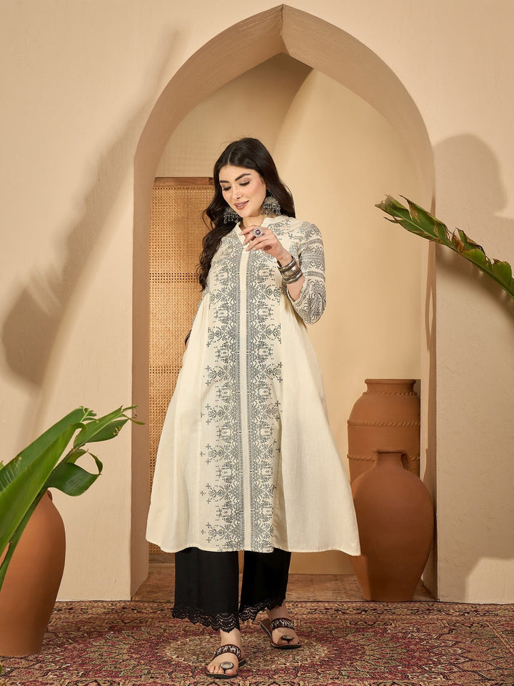 Off White Printed Mandarin Collar Pure Cotton Kurta Set for Women Kurta set Rangdeep-Fashions 