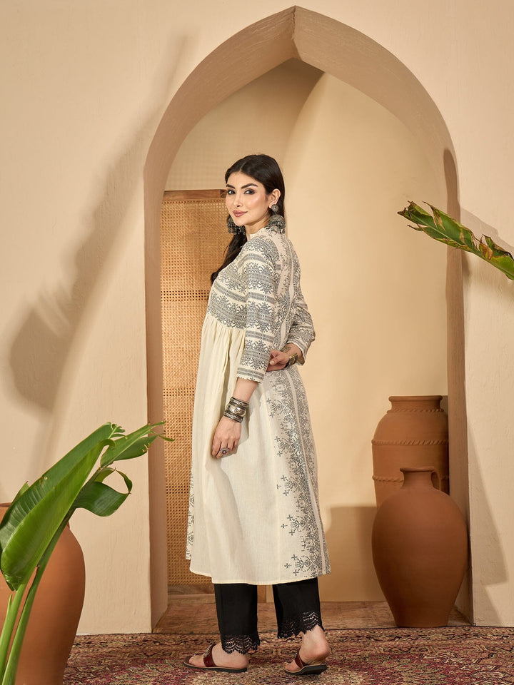 Off White Printed Mandarin Collar Pure Cotton Kurta Set for Women Kurta set Rangdeep-Fashions 
