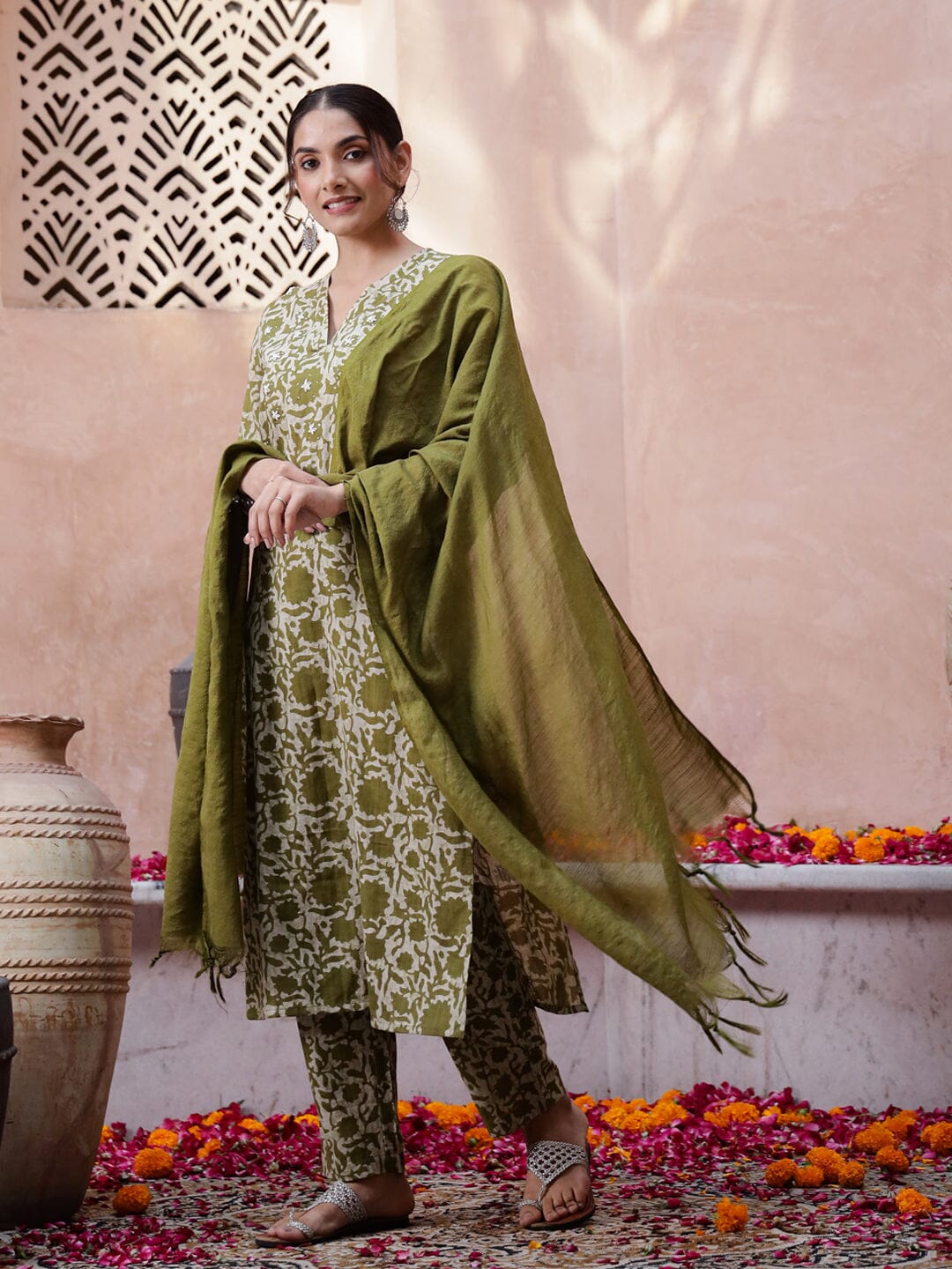 Olive V-Neck Printed Kurta Set Kurta set Rangdeep-Fashions 