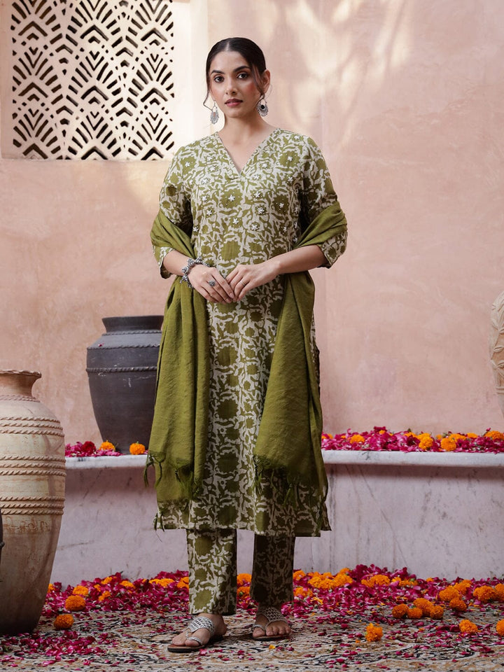 Olive V-Neck Printed Kurta Set Kurta set Rangdeep-Fashions 