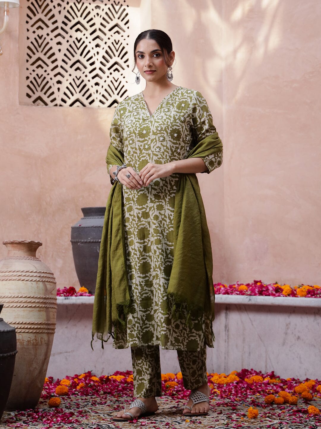 Olive V-Neck Printed Kurta Set Kurta set Rangdeep-Fashions 