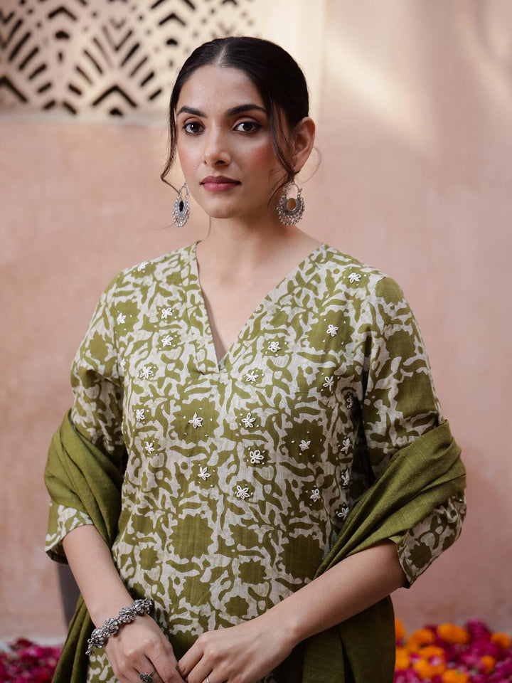 Olive V-Neck Printed Kurta Set Kurta set Rangdeep-Fashions 