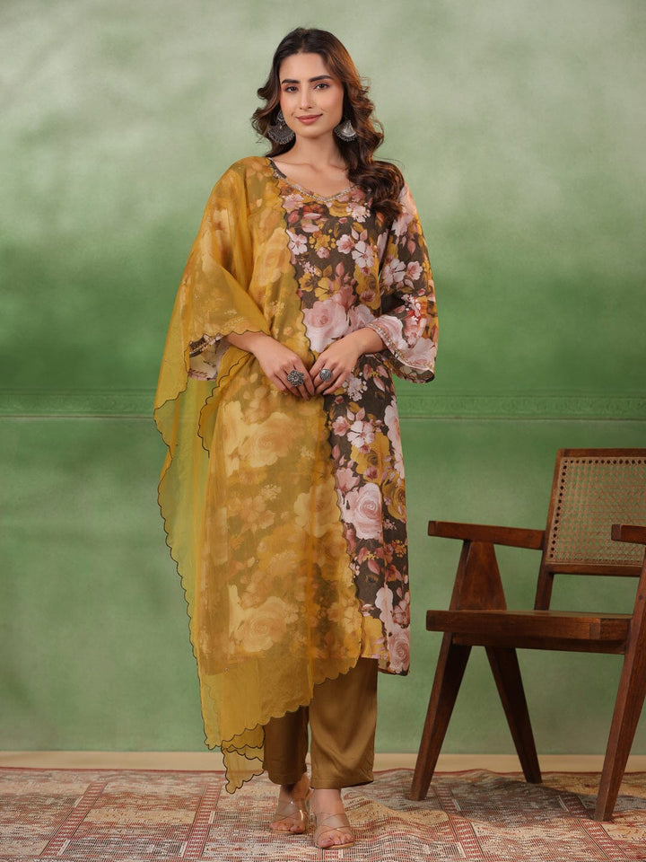 Olive V-Neck Silk Blend Kurta Set for Women Kurta set Rangdeep-Fashions 