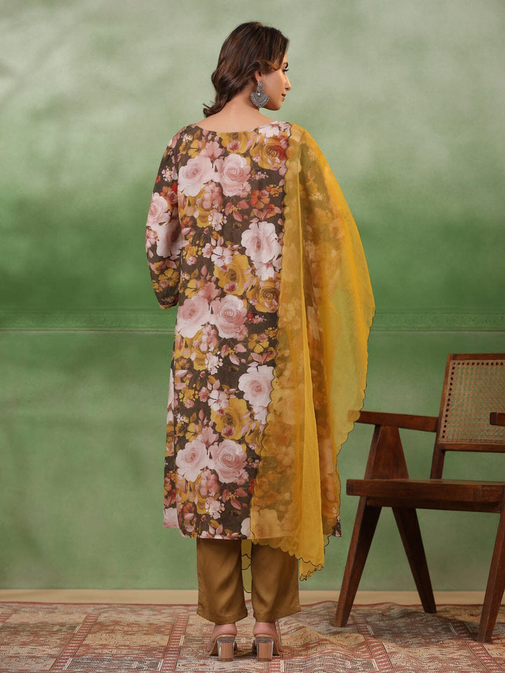 Olive V-Neck Silk Blend Kurta Set for Women Kurta set Rangdeep-Fashions 