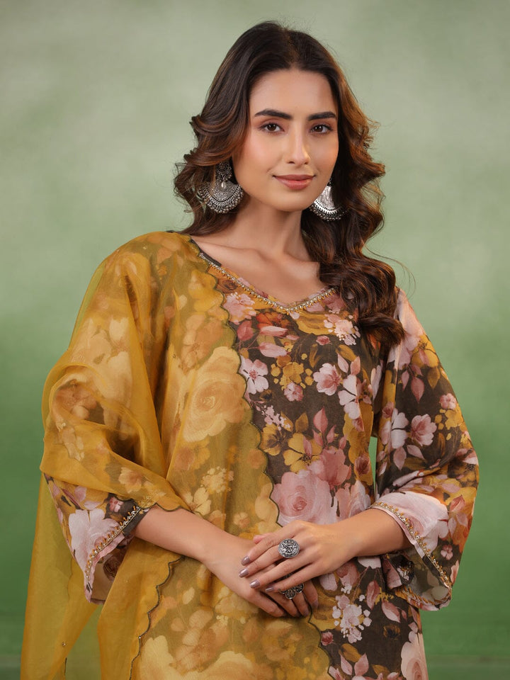 Olive V-Neck Silk Blend Kurta Set for Women Kurta set Rangdeep-Fashions 