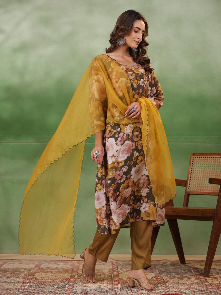Olive V-Neck Silk Blend Kurta Set for Women Kurta set Rangdeep-Fashions 