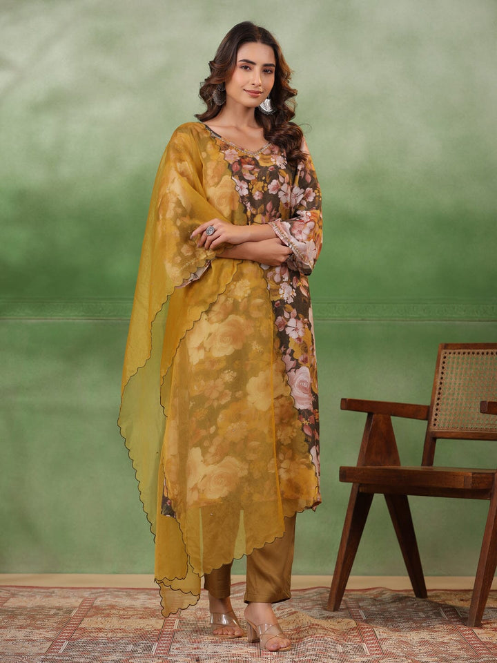 Olive V-Neck Silk Blend Kurta Set for Women Kurta set Rangdeep-Fashions 