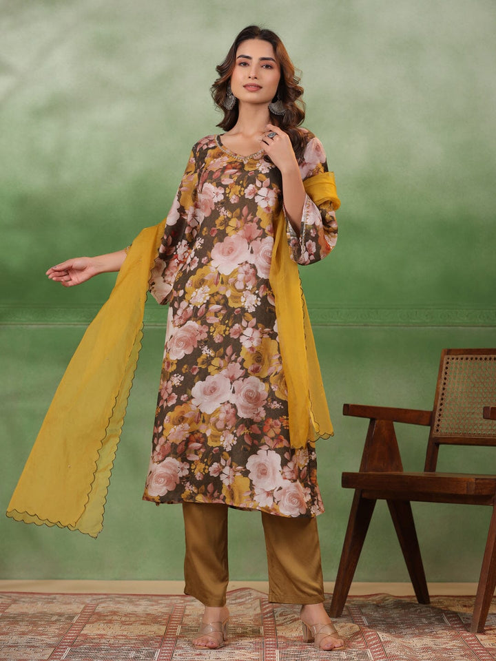 Olive V-Neck Silk Blend Kurta Set for Women Kurta set Rangdeep-Fashions 