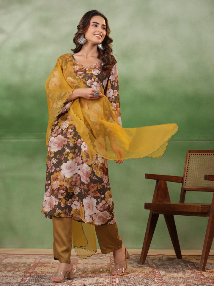 Olive V-Neck Silk Blend Kurta Set for Women Kurta set Rangdeep-Fashions 