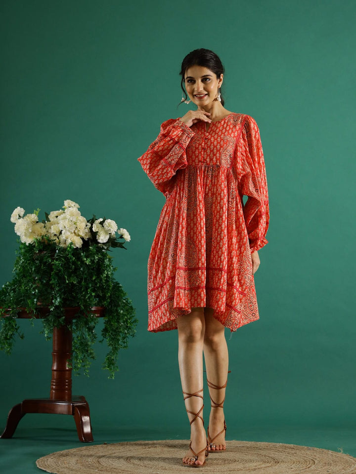 Orange Printed Dress for Women dress Rangdeep-Fashions 