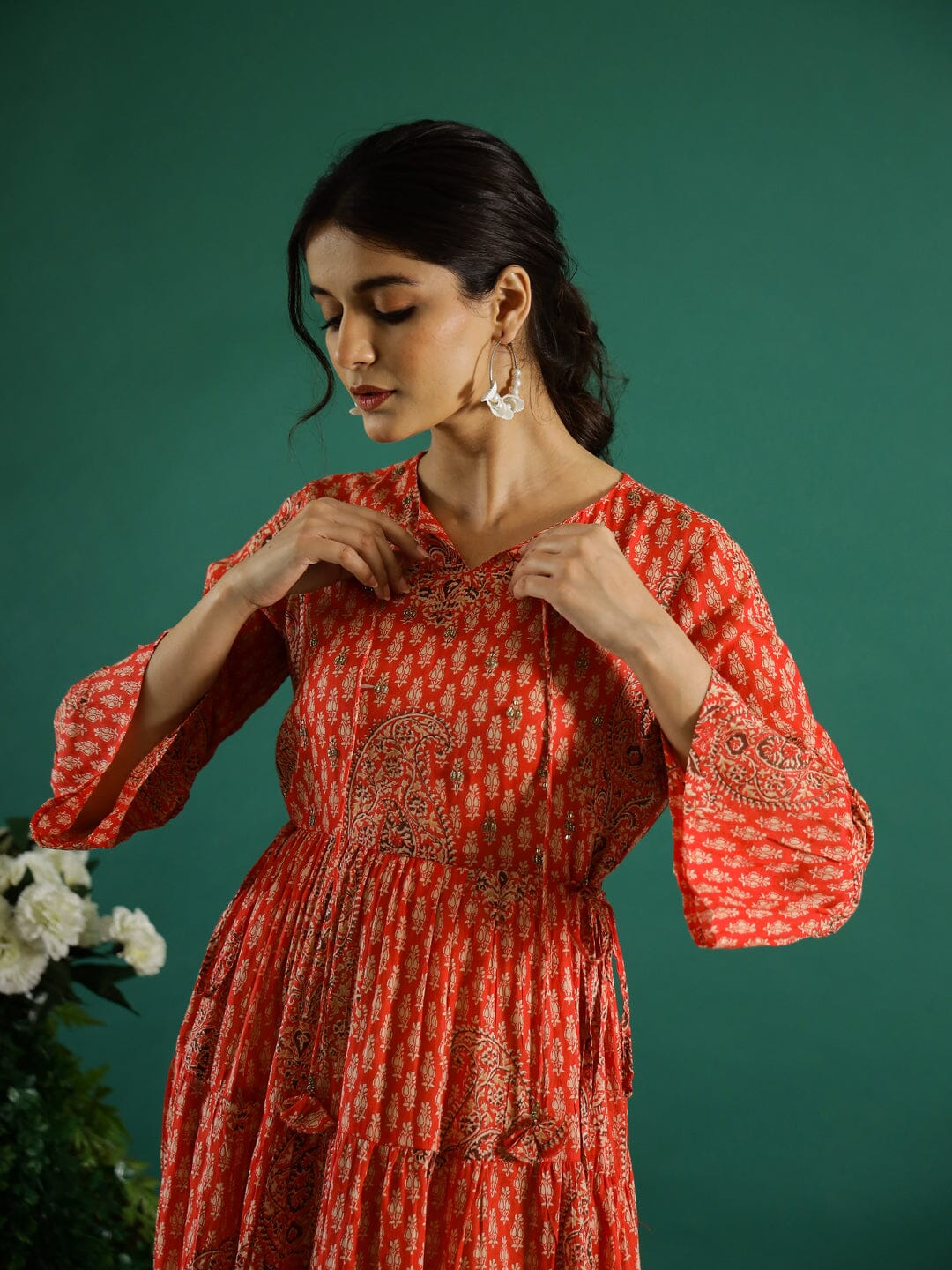 Orange Printed Round Neck Dress for Women dress Rangdeep-Fashions 