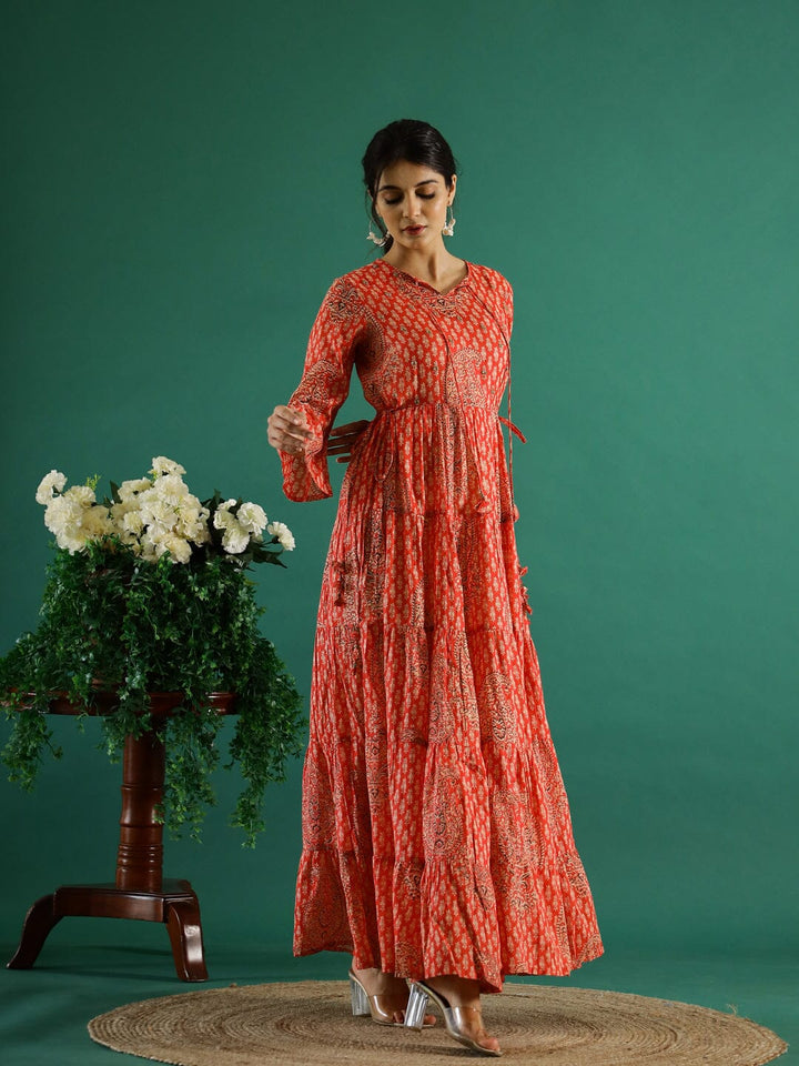 Orange Printed Round Neck Dress for Women dress Rangdeep-Fashions 