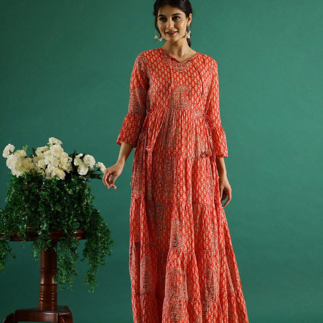 Orange Printed Round Neck Dress for Women dress Rangdeep-Fashions 