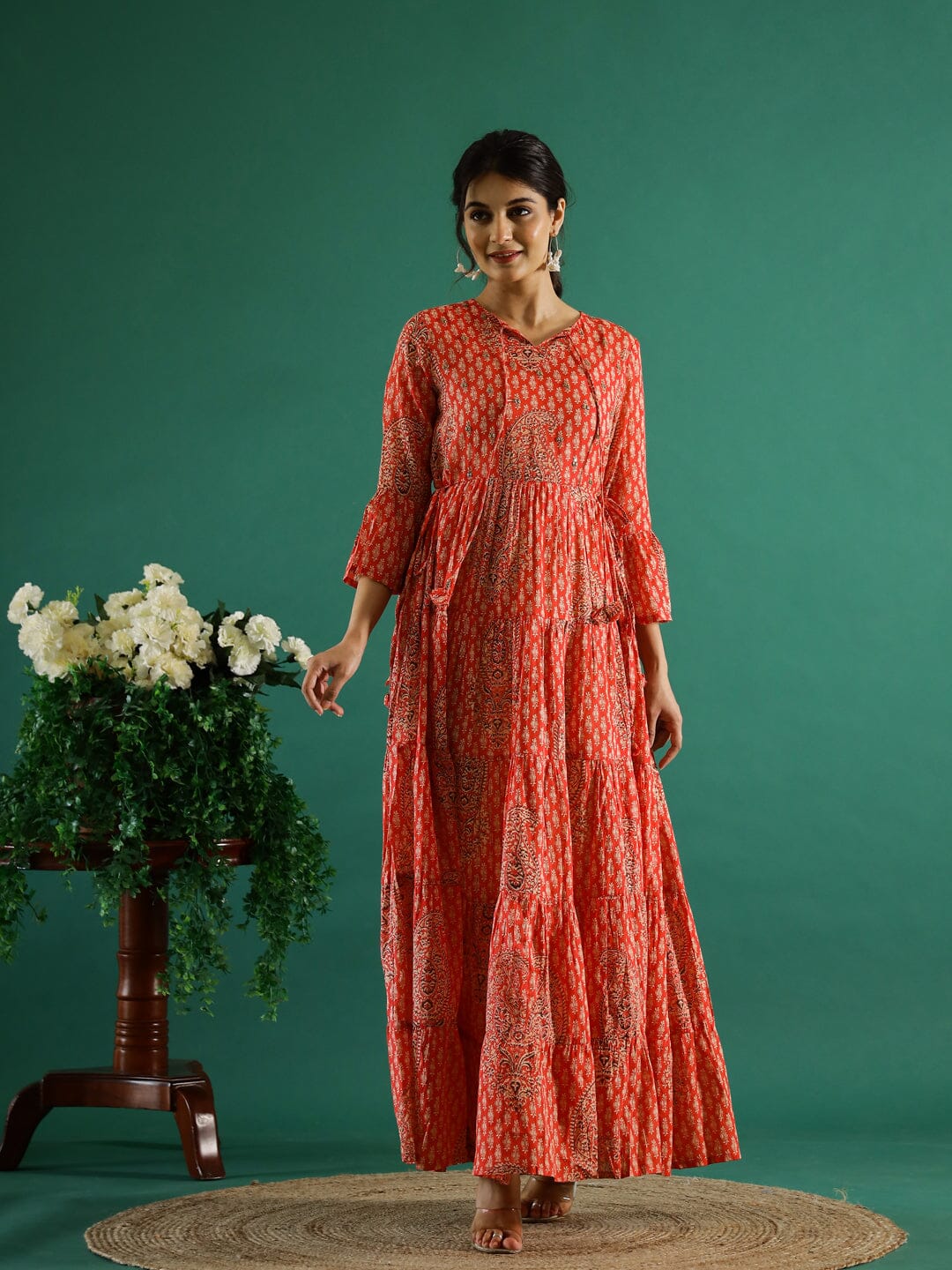 Orange Printed Round Neck Dress for Women dress Rangdeep-Fashions 