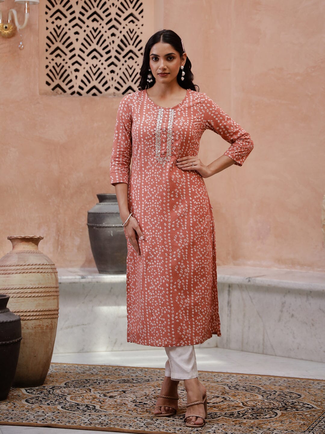 Orange Printed Round Neck Kurta kurta Rangdeep-Fashions 