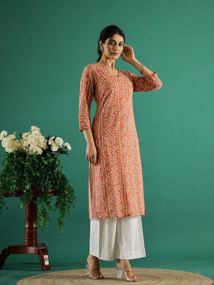 Orange White Dotted Printed Cotton Kurta Kurti SANSKRUTI HOMES 