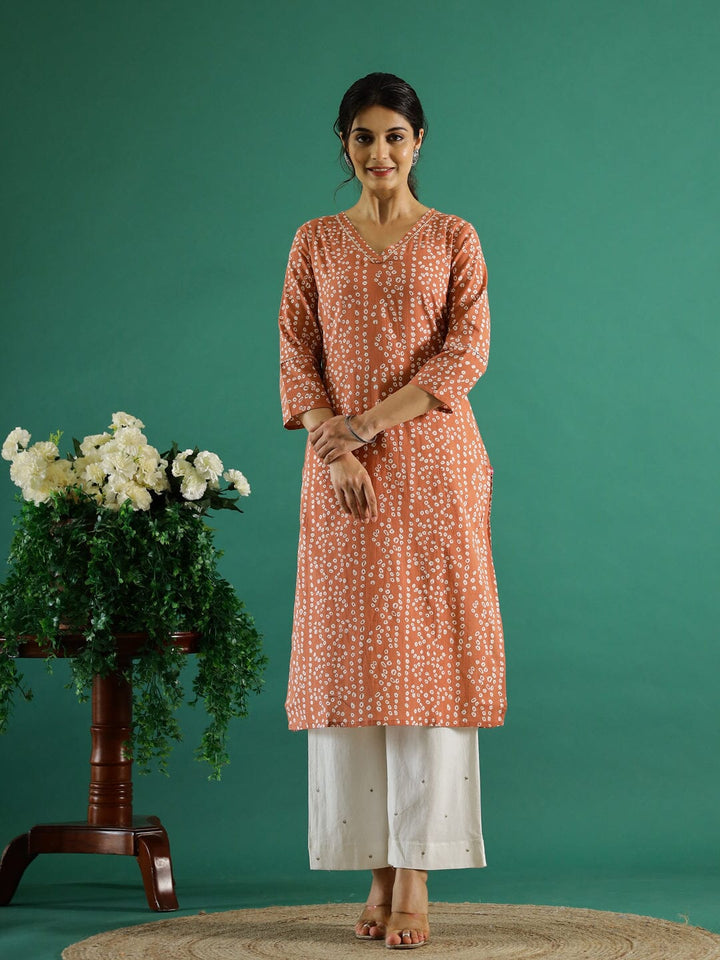 Orange White Dotted Printed Cotton Kurta Kurti SANSKRUTI HOMES 