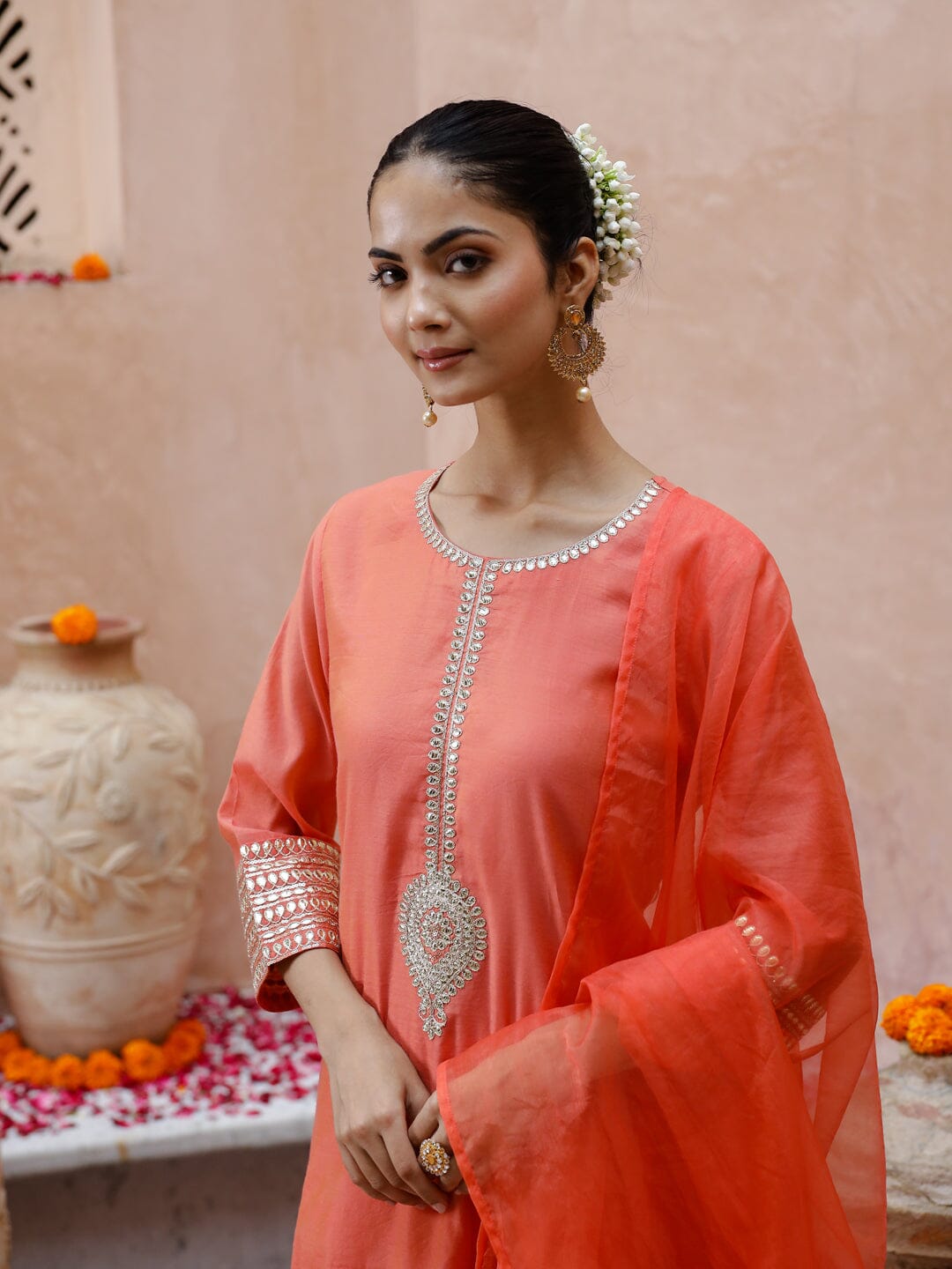 Peach Embroidered Kurta Set for Women Kurta set Rangdeep-Fashions 