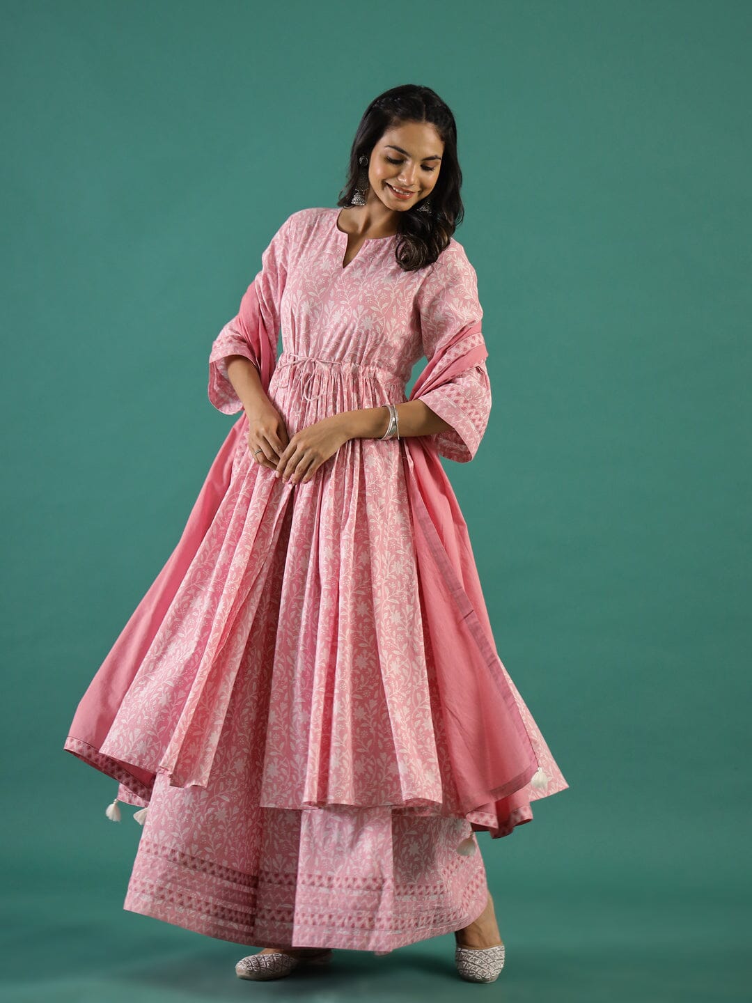 Pink Floral Printed Cotton Kurta with Dupatta Kurti set Rangdeep-Fashions 