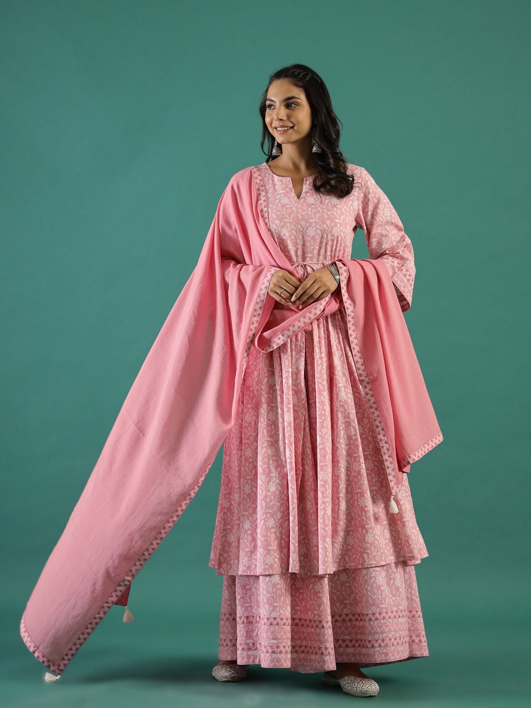 Pink Floral Printed Cotton Kurta with Dupatta Kurti set Rangdeep-Fashions 