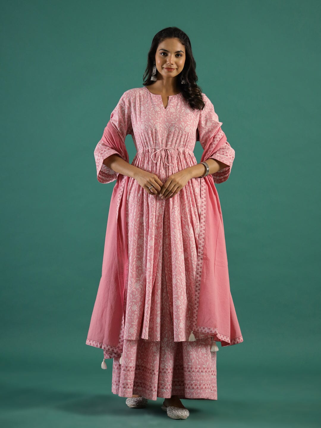 Pink Floral Printed Cotton Kurta with Dupatta Kurti set Rangdeep-Fashions 