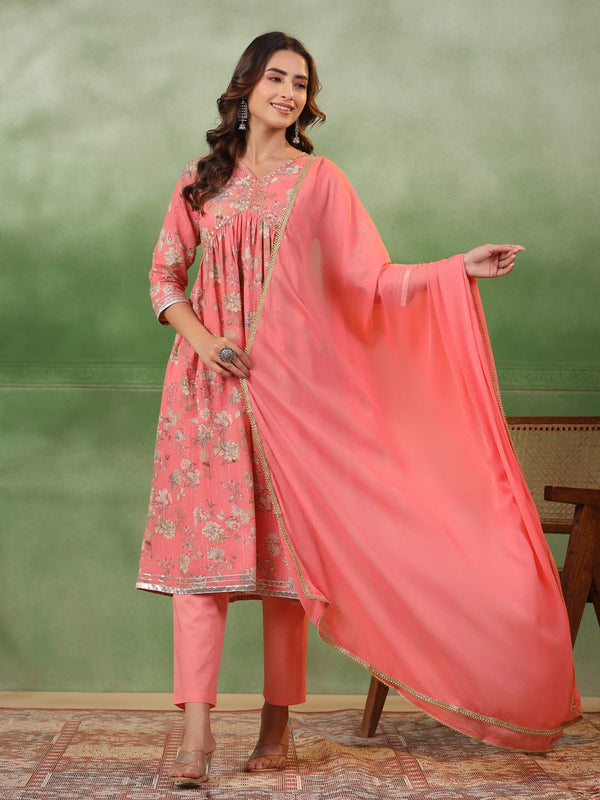 Pink Floral Printed Kurta Set with Dupatta Kurta set Rangdeep-Fashions 