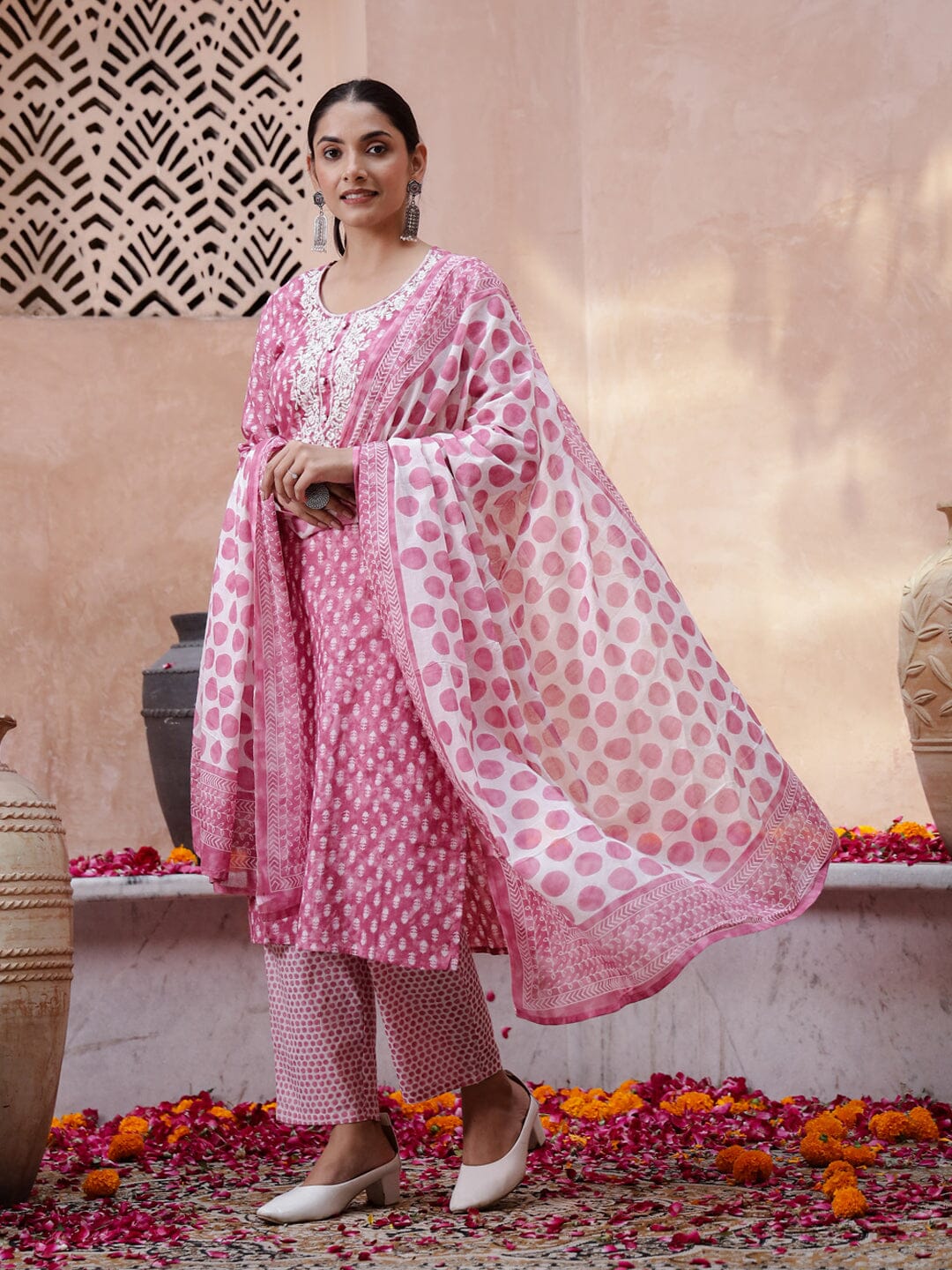 Pink Floral Printed Kurta Set with Dupatta Kurta set Rangdeep-Fashions 