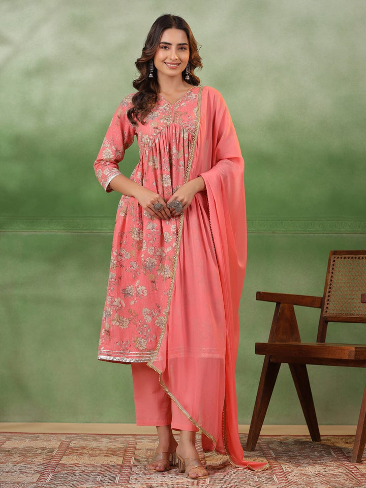 Pink Floral Printed Kurta Set with Dupatta Kurta set Rangdeep-Fashions 